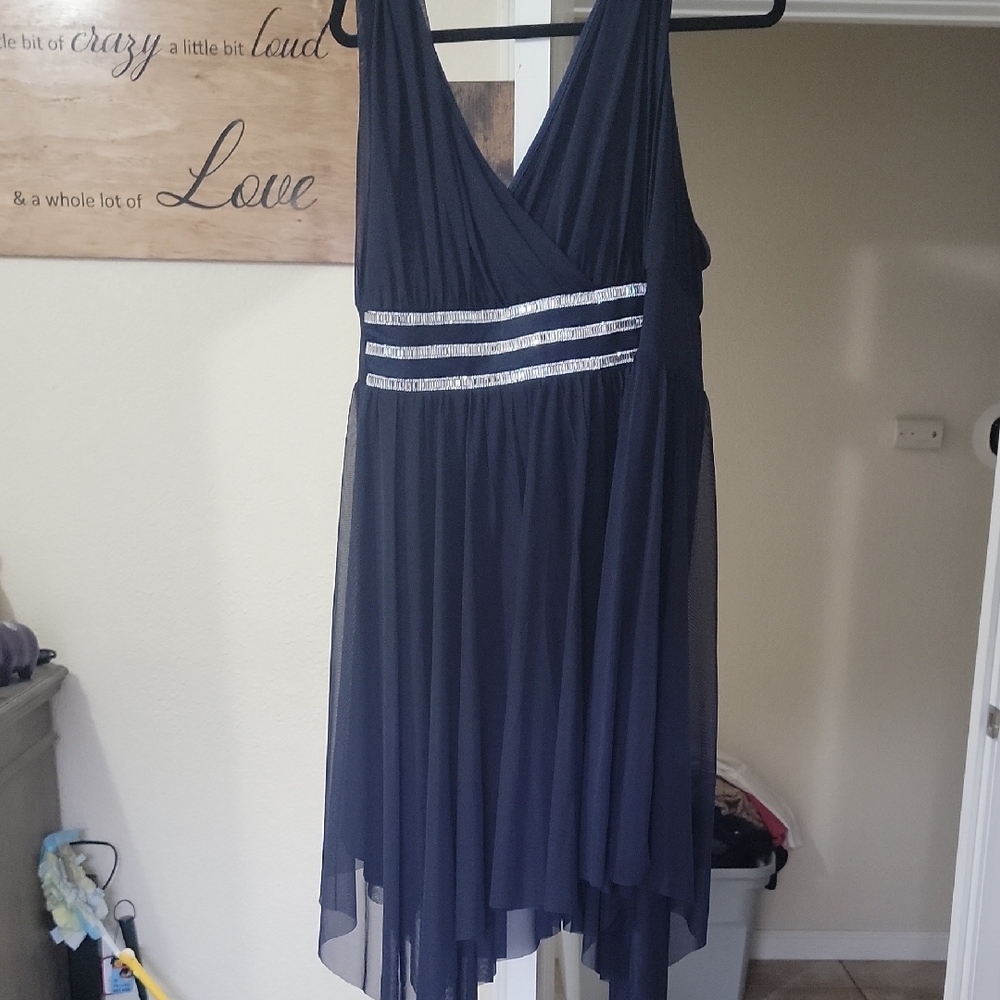 VENUS Navy High Low Dress with Silver Stripes